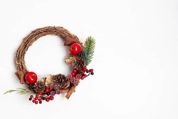 Vue Dessus Couronne Noël Artisanale Traditionnelle Faite Avec Des Éléments — Photo