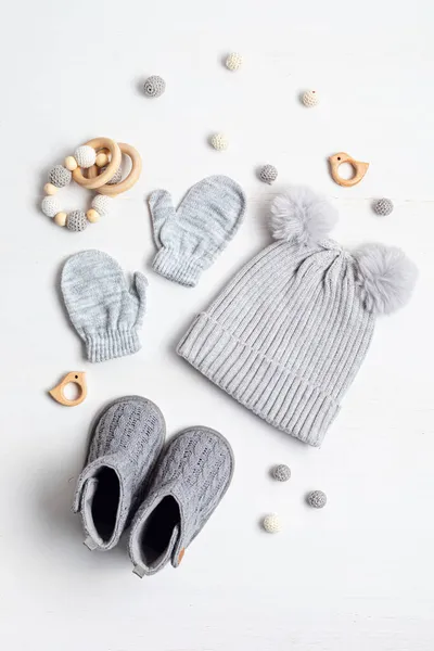 Collection Cute Organic Baby Clothes Booties Warm Hat Mittens Boots — Stock Photo, Image