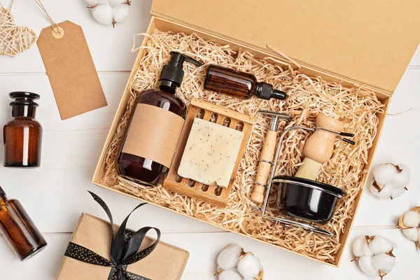 Self care package, seasonal gift box with zero waste organic cosmetics products for men. Personalized eco friendly basket for family and friends for thankgiving, christmas, fathers day