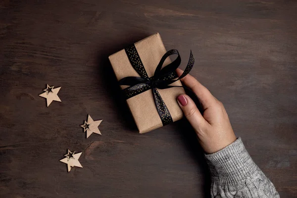 Fondo Navidad Con Caja Regalo Sobre Fondo Madera Celebración Navidad — Foto de Stock