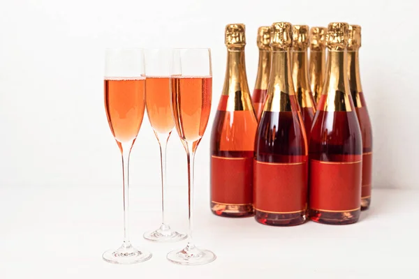 Очки Бутылки Розового Шампанского Игристого Вина Концепция Празднования Рождества Нового — стоковое фото