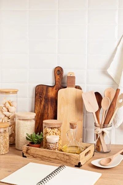 Assortment Grains Cereals Pasta Glass Jars Kitchen Utensils Wooden Table — Stock Photo, Image