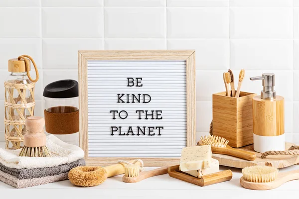 Bathroom Styling Organization Organic Lifestyle Skin Care Products Letter Board — Stock Photo, Image