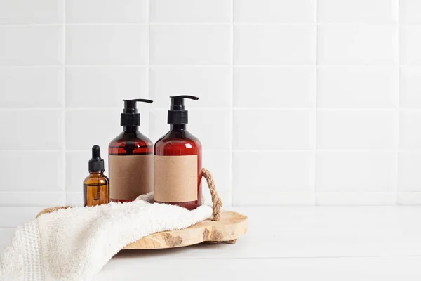 Badezimmer Styling Und Organisation Biologischer Lebensstil Und Hautpflegeprodukte Modernes Minimalistisches — Stockfoto