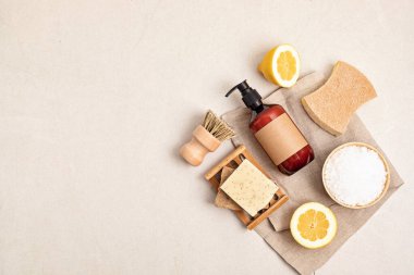 Ev temizliği zehirli değil, doğal ürünler. Plastiksiz, sıfır atık yaşam tarzı. Düz yatış, üst görünüm