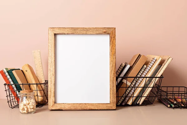 Empty Frame Mockup Desktop Organizer School Stationary Office Supplies Back — Foto Stock