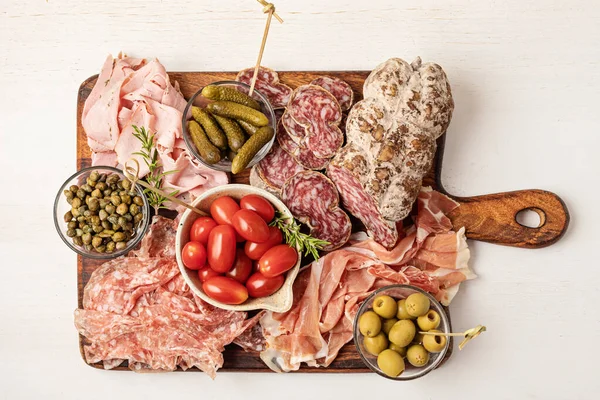 Appetizers Table Different Antipasti Charcuterie Snacks Cheese Finger Food Buffet — Stock Fotó