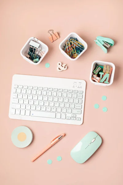 Keyboard and office supply top view. Desktop organization concept. Online education, Technology background. Online business, home office, information blog concept. Flatlay
