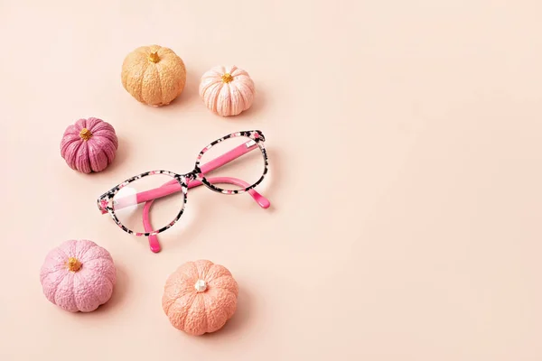 Child Eyeglasses Pink Pastel Background Optical Store Glasses Selection Kids — Φωτογραφία Αρχείου