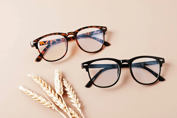 Stylowe Okulary Pastelowym Tle Sklep Optyczny Dobór Okularów Badanie Wzroku — Zdjęcie stockowe
