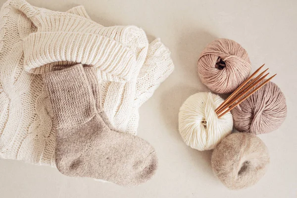 Craft Hobby Background Yarn Natural Colors Handmade Socks Recomforting Hobby — Stock Photo, Image