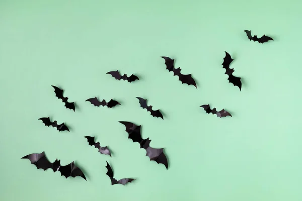 Halloween Achtergrond Met Silhouetten Van Vleermuizen Vlakke Lay Bovenaanzicht — Stockfoto