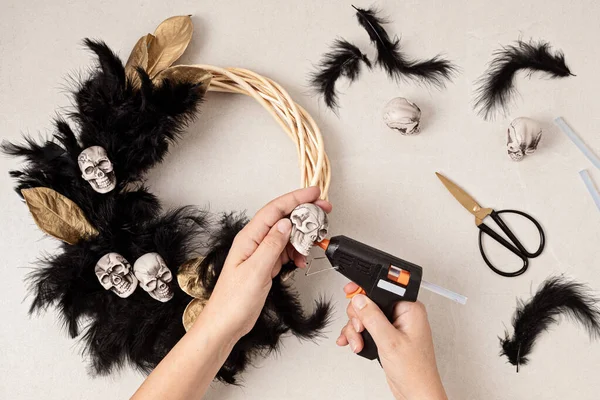 Diy Halloween Krans Achtergrond Proces Van Het Maken Van Kransen — Stockfoto