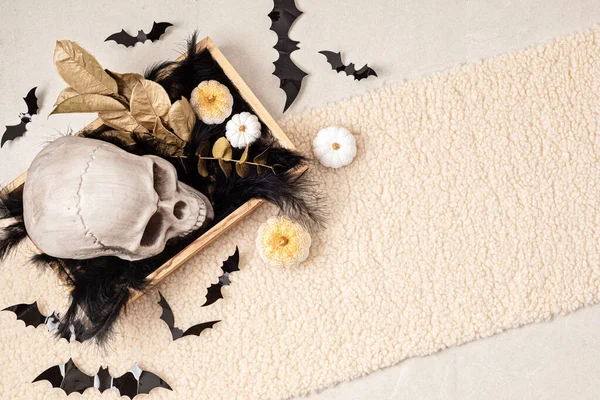 Handgemaakte Boho Halloween Decoratie Achtergrond Met Kopieerruimte Tafelblad Van Zwarte — Stockfoto