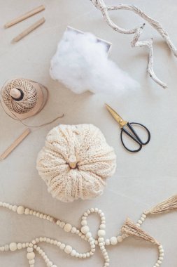 El yapımı balkabakları, aletler ve aksesuarlarla hobi. DIY, sonbahar ve kış tatilleri için el işi dekorasyonu. Düz yatış, üst görünüm