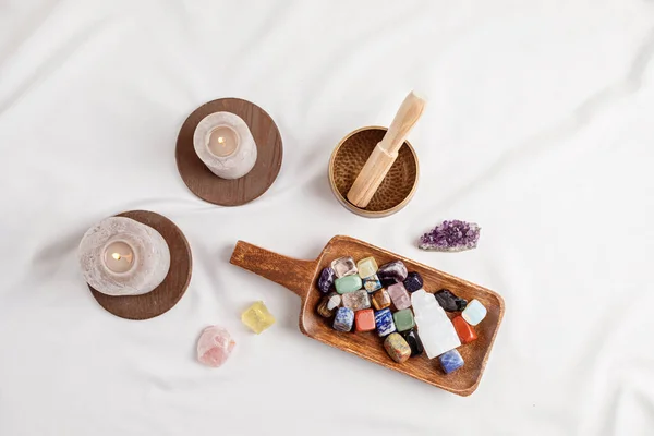 Healing reiki chakra crystals therapy. Alternative rituals with gemstones for wellbeing, meditation, destress, relaxation, mental health, spiritual practices. Energetical power concept