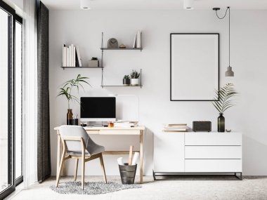 Interior Home Office Room Wall Mockup - 3d Rendering, 3d Illustration 