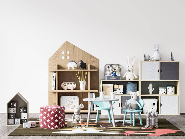 Интерьер Детская спальня Обои макет - 3d рендеринг, 3d иллюстрация