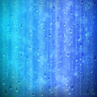 Blue rainy window background with drops and blur