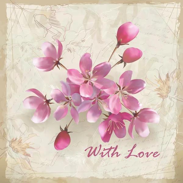 Artistic vector floral design with hand drawn flowers, a beautiful bouquet of realistic pink flowers, grunge calligraphic text and 'With Love' lettering on vintage old paper background in retro style