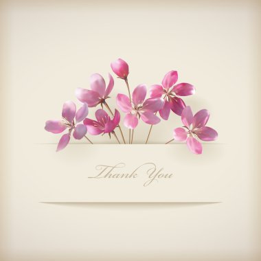 Floral 'Thank you' card with beautiful realistic spring pink flowers and banner with drop shadows on a beige elegant background in modern style. Perfect for wedding, greeting or invitation design