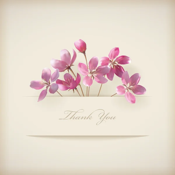 Floral \'Thank you\' card with beautiful realistic spring pink flowers and banner with drop shadows on a beige elegant background in modern style. Perfect for wedding, greeting or invitation design