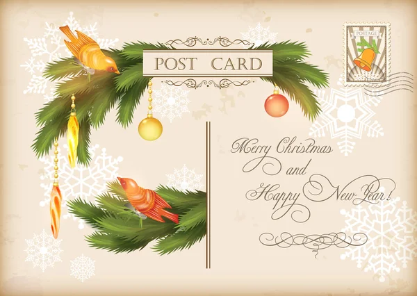 Merry Christmas and Happy New Year celebration vintage postcard with baubles, birds, Xmas decorations, fir tree branches, post stamp, snowflakes, text. Retro winter season holiday vector background — Stock Illustration Merry Christmas and Happy New Year celebration vintage postcard with baubles, birds, Xmas decorations, fir tree branches, post stamp, snowflakes, text. Retro winter season holiday vector background Stock Vector