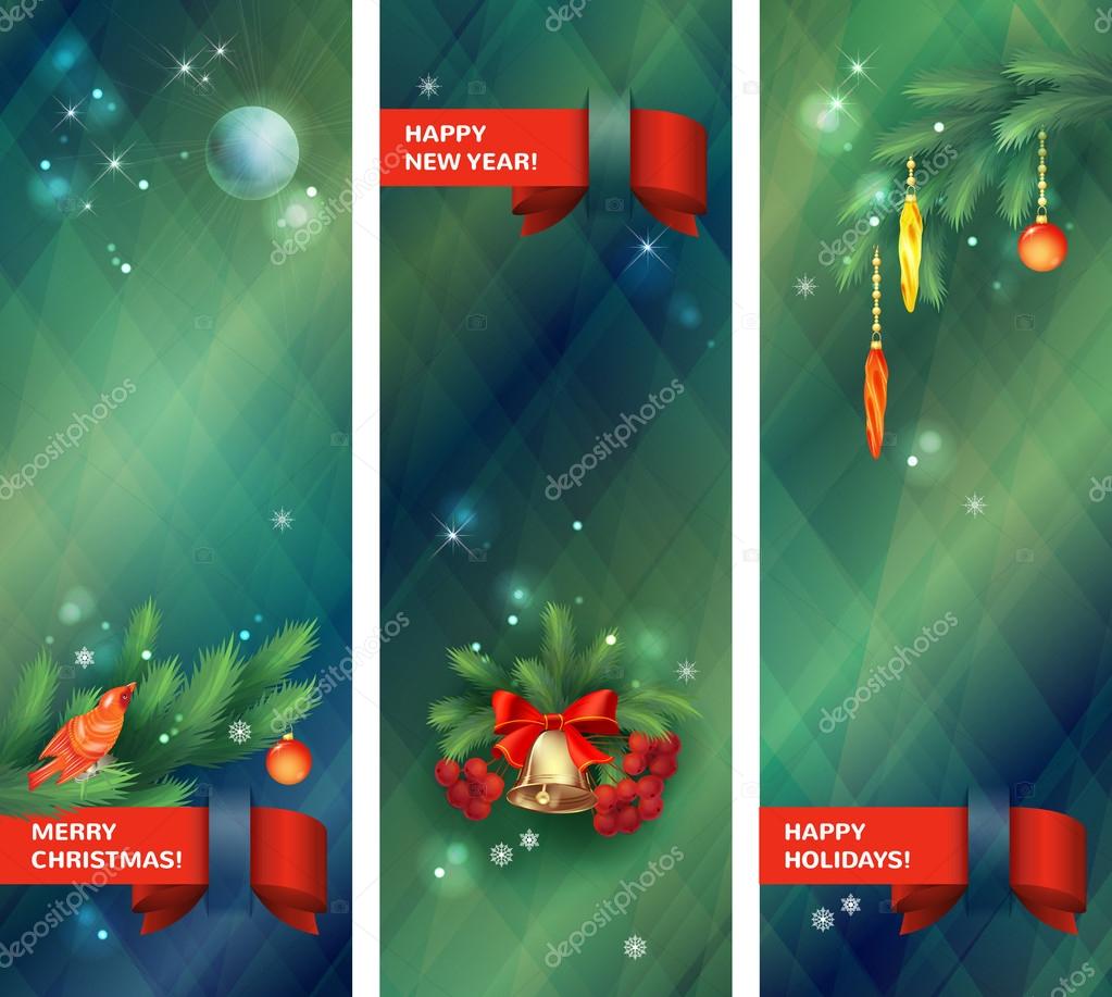Vertical Holidays Banners With Christmas Tree Branches Bird