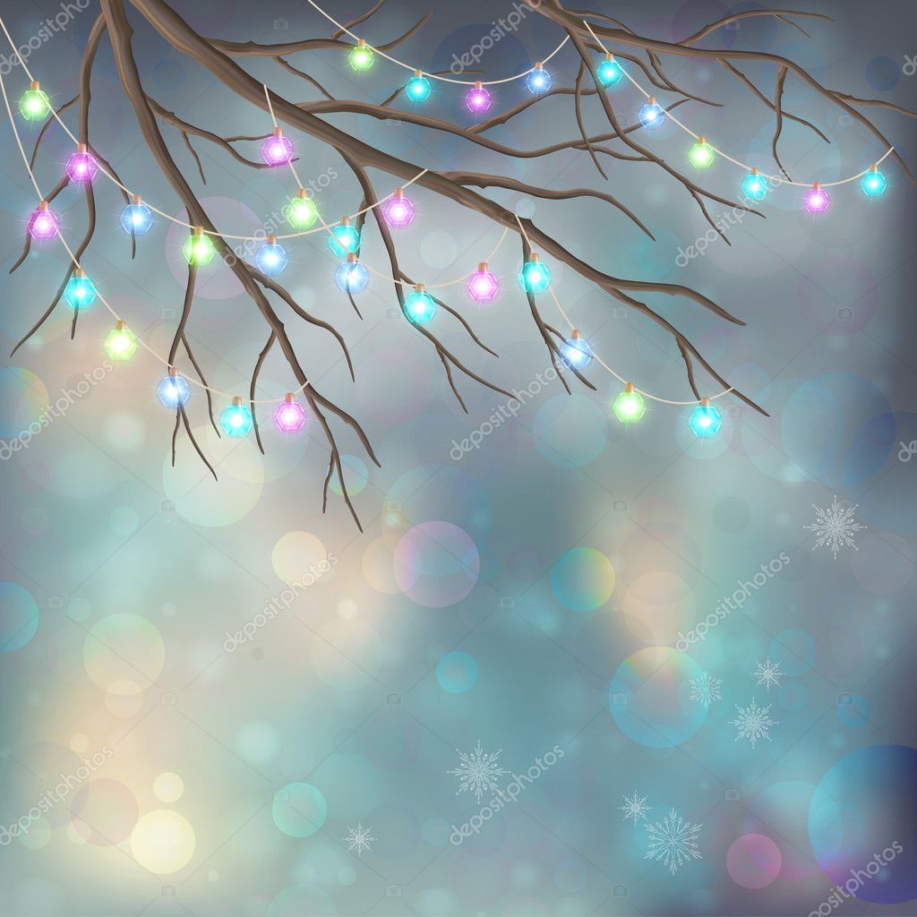 Christmas Light Bulbs on Xmas Vector Night Background. Tree branches