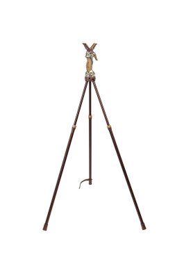 Avcılar için modern katlanabilir tripod. Uygun ve isabetli bir atış için bir cihaz. Beyaz arkaplanda izole et.