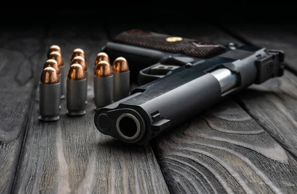 Pistol Cartridges Wooden Background Short Barreled Weapon Self Defense — Stock Photo, Image