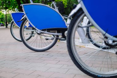 Kiralık bisikletler arka arkaya park edilir. Çevre dostu ve popüler bir ulaşım şekli. Spor ve eğlence..