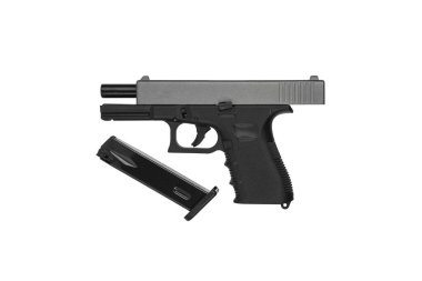 Modern yarı otomatik tabanca. Nefsi müdafaa için kısa namlulu bir silah. Polisi, özel kuvvetleri ve orduyu silahlandırmak. Beyaz arkaplanda izole et.