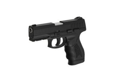 Modern yarı otomatik tabanca. Nefsi müdafaa için kısa namlulu bir silah. Polisi, özel kuvvetleri ve orduyu silahlandırmak. Beyaz arkaplanda izole et.