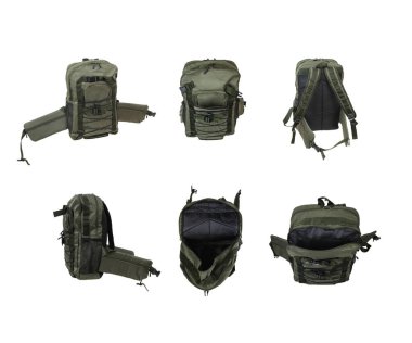 Haki askeri tarzda modern sırt çantası. Beyaz arkaplanda izole et.