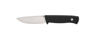 Gümüş bıçaklı ve lastik saplı modern av bıçağı. Çelik kollar. Beyaz arkaplanda izole et.
