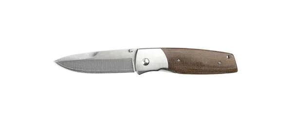 ポケットフォールディングナイフは白い背景に隔離されています 折り曲げ刃付きコンパクトメタルシャープなナイフ — ストック写真