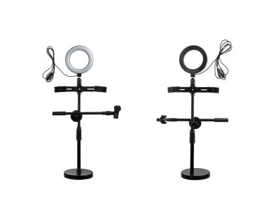 Dairesel neon lambanın yakın plan izole edilmiş beyaz arkaplanı. Makyaj ve güzellik portreleri için popüler modern ışık.