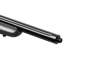 22 kalibrelik plastik bir depoda küçük delikli sürgülü tüfek. Avlanmak ve spor yapmak için küçük bir tüfek. Sarı arkaplanda izole et.