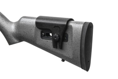 22 kalibrelik plastik bir depoda küçük delikli sürgülü tüfek. Avlanmak ve spor yapmak için küçük bir tüfek. Sarı arkaplanda izole et.