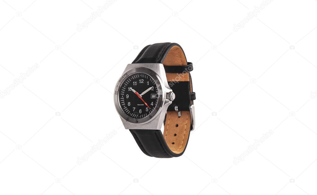 Men's wrist watch. Elegant silver watch with a leather strap. Isolate on a white background.