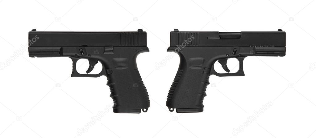 Modern semi-automatic pistol. A short-barreled weapon for self-defense. Arming the police, special units and the army. Isolate on a white background.