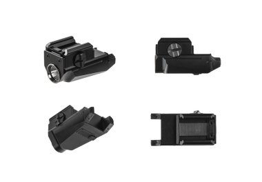 Atlı özel bir el feneri. Modern metal LED fener siyah renkli. Taşınabilir el feneri beyaz arkaplanda izole edilir.