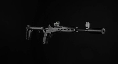 Çarpıştırıcı görüşlü, küçük, modern yarı otomatik katlanmış karabina. Avcılık, spor ve nefsi müdafaa için kompakt modern bir katlama silahı. Karanlık arka plan..