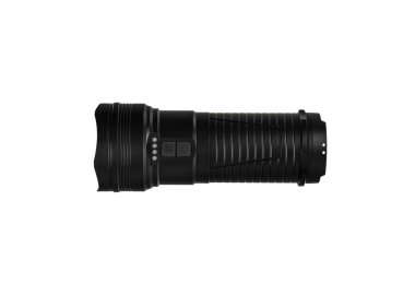 Siyah metal LED fener beyaz arka planda izole edilir. Günün karanlık saatleri veya karanlık odaları için cep lambası.