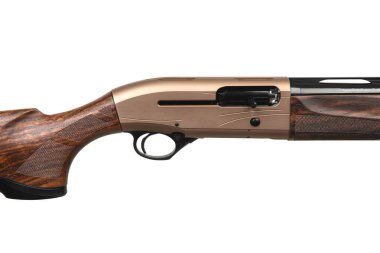 Modern, yarı otomatik, ahşap bir av tüfeği. Avcılık ve spor için bronz renkli silahlar. Beyaz arkaplanda izole et.