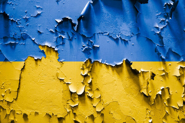 Flag of Ukraine on a cracked grunge background. Square background.