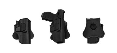 Plastik tabanca kılıfı. Kullanışlı ve gizli silah taşıma suçundan. Her yönden bak. Beyaz arkaplanda izole et.