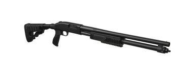 Pompalı tüfek beyaz arka planda izole edilmiş. Düz delikli, ahşap bir silah.. 