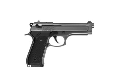 Modern yarı otomatik tabanca. Nefsi müdafaa için kısa namlulu bir silah. Polisi, özel kuvvetleri ve orduyu silahlandırmak. Beyaz arkaplanda izole et.